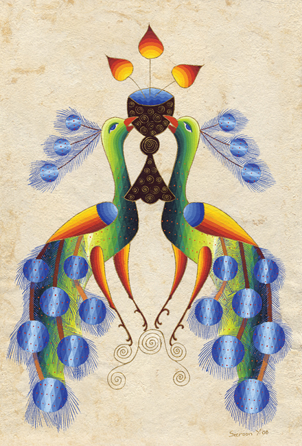 Peacocks with Red Seeds